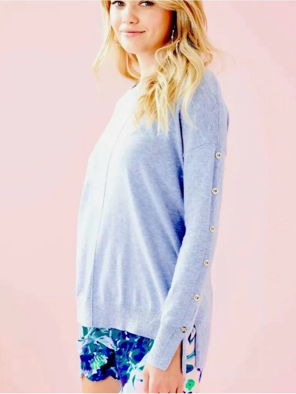 Lilly Pulitzer Melanie Light Blue Button-Sleeve Crewneck Women’s Sweater